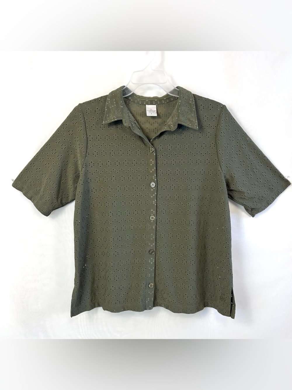 New QVC Cuddl Duds Short Sleeve Eyelet Knit Shirt / Large / Dark Olive